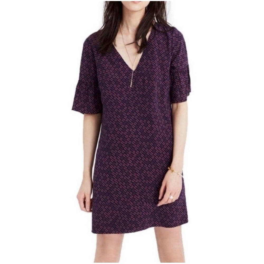 Madewell Silk Floral Painted Clover Dress Ruffle Bell-Sleeve Dress Painted Clove